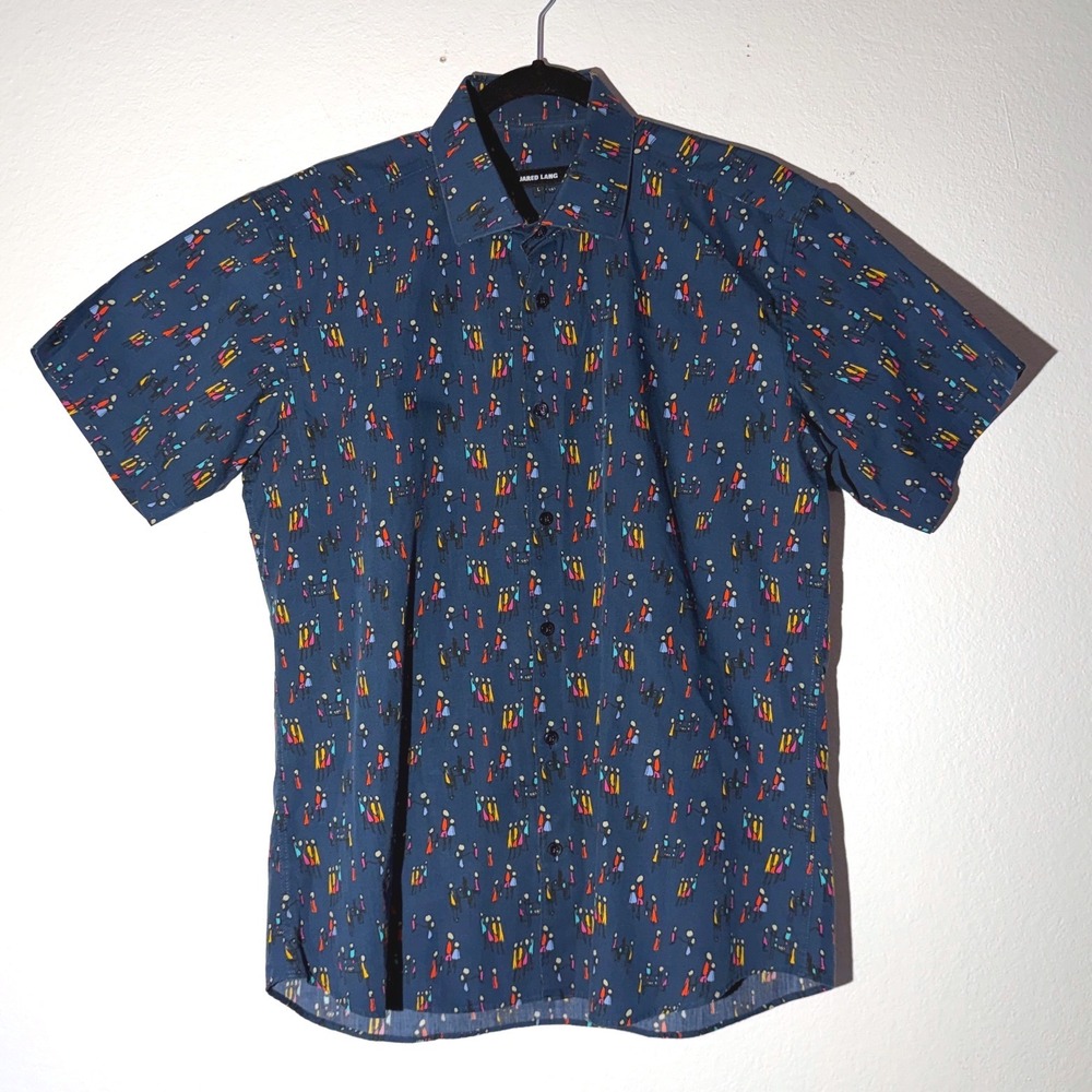 Jared Lang Mens Large Blue Abstract People Print Short Sleeve Button Down Shirt